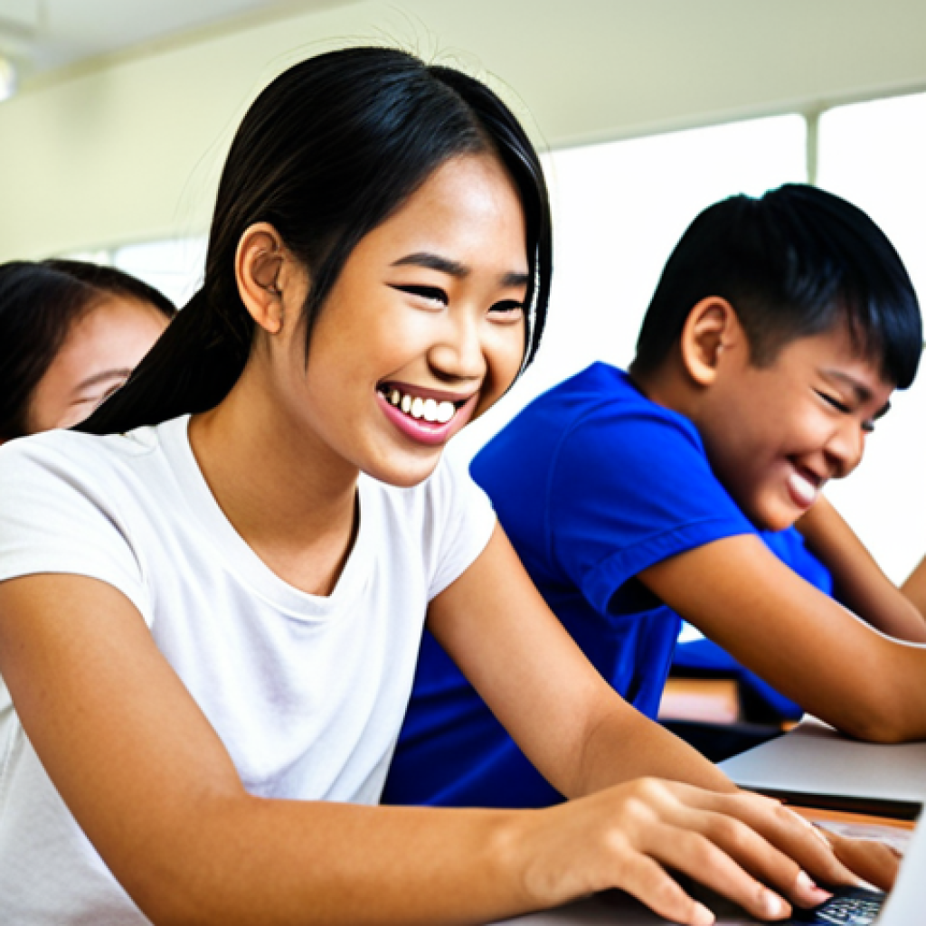 A Thai programming instructor smiling genuinely while helping a student with a coding project on a laptop in a modern, brightly lit classroom. The background shows other students collaborating and learning. Focus on conveying the joy of seeing students grow and succeed.