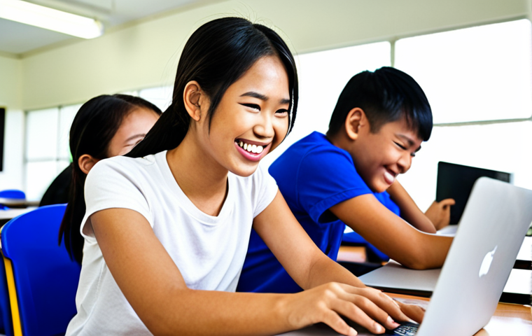 A Thai programming instructor smiling genuinely while helping a student with a coding project on a laptop in a modern, brightly lit classroom. The background shows other students collaborating and learning. Focus on conveying the joy of seeing students grow and succeed.