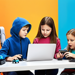 Coding Opens Worlds**

*   **Prompt:** Children enthusiastically coding on laptops, surrounded by imaginative creations like robots, games, and apps. Bright, colorful, and futuristic background suggesting limitless possibilities.

**