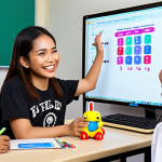 ** A classroom scene. A Thai teacher is smiling and enthusiastically explaining Python code to students of varying ages. Use bright colors and include visual aids like a whiteboard with examples of simple "Hello, World!" code. Emphasis is on a fun and engaging learning environment. Maybe add some playful elements like cartoon robots or coding-related stickers to make it appealing to children.

**