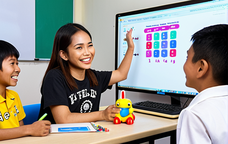 ** A classroom scene. A Thai teacher is smiling and enthusiastically explaining Python code to students of varying ages. Use bright colors and include visual aids like a whiteboard with examples of simple "Hello, World!" code. Emphasis is on a fun and engaging learning environment. Maybe add some playful elements like cartoon robots or coding-related stickers to make it appealing to children.

**