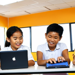 **Prompt 1: Empowering Young Thai Minds Through Coding**
    A group of diverse, happy Thai elementary school children (boys and girls, aged 7-10) are enthusiastically engaged in a coding class. They are seated at modern, brightly lit tables, each with a laptop displaying colorful, block-based coding interfaces (like Scratch). Their faces show curiosity and excitement as they collaborate on a project. A warm, inspiring Thai female instructor stands among them, gently guiding and pointing to an interactive screen at the front of the classroom, which shows animated characters moving according to their code. The classroom environment is vibrant and modern, with subtle elements of Thai design or art on the walls, emphasizing a blend of tradition and technological advancement. The overall mood is one of joyful discovery, creativity, and future readiness.