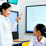**

"A cheerful Thai woman in professional dress, fully clothed in a modern, brightly lit classroom. She is pointing to a coding lesson displayed on a large screen. Students in modest clothing are attentively watching. Safe for work, appropriate content, family-friendly, perfect anatomy, correct proportions, well-formed hands, proper finger count, natural body proportions, educational setting, high-quality illustration."

**