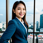 **Prompt:** A Thai businesswoman in a tailored, modest business suit, smiling confidently in a modern Bangkok office. Background: City skyline visible through the large windows. Safe for work, appropriate content, fully clothed, professional attire, perfect anatomy, natural proportions, professional photography, high quality.
