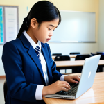 코딩교육지도사 온라인 강의 추천 - **A young student in a modest Thai school uniform, attentively coding on a laptop in a bright, moder...