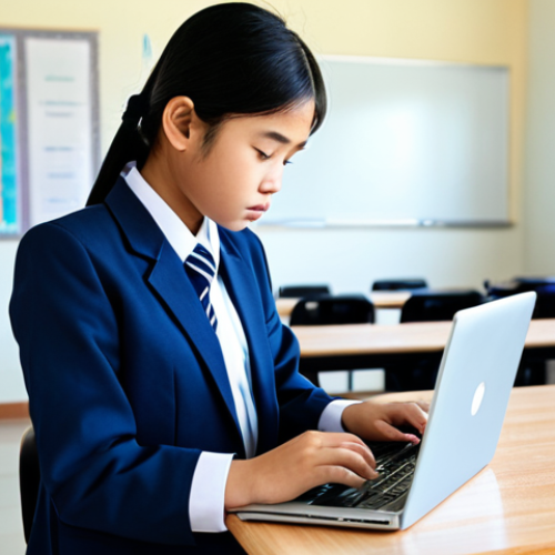 Home 4 코딩교육지도사 온라인 강의 추천 - **A young student in a modest Thai school uniform, attentively coding on a laptop in a bright, moder...
