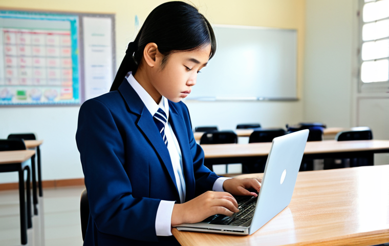 코딩교육지도사 온라인 강의 추천 - **A young student in a modest Thai school uniform, attentively coding on a laptop in a bright, moder...