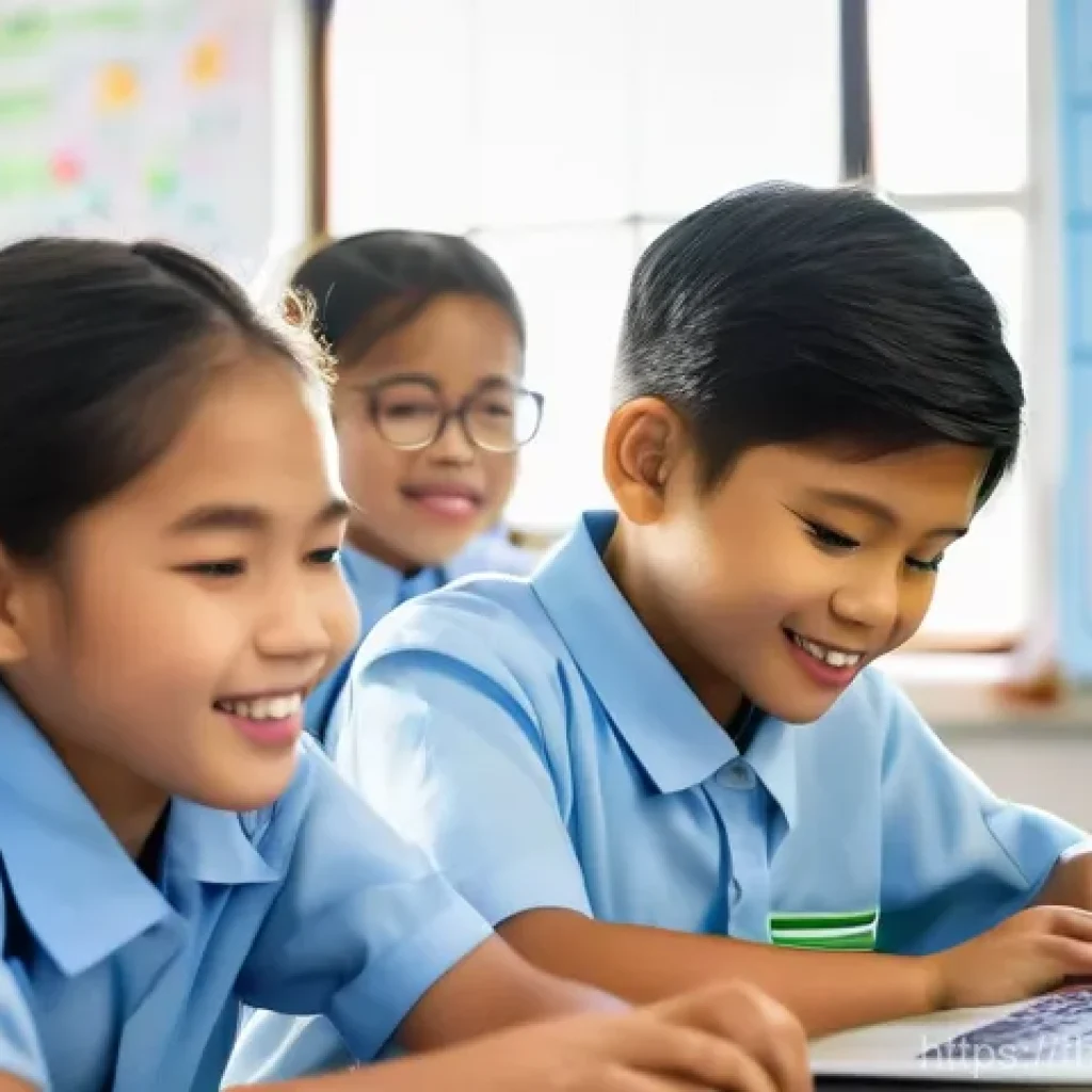 코딩교육지도사와 직업교육의 역할 - **Prompt:** A vibrant, sunlit classroom in a modern Thai elementary school. A diverse group of cheer...