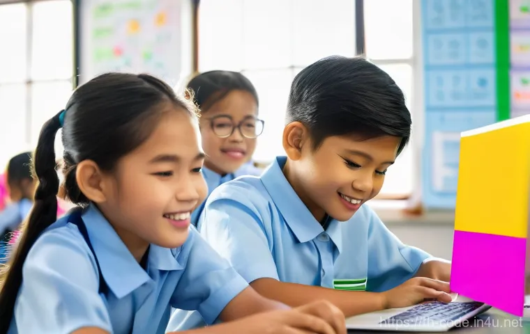 코딩교육지도사와 직업교육의 역할 - **Prompt:** A vibrant, sunlit classroom in a modern Thai elementary school. A diverse group of cheer...