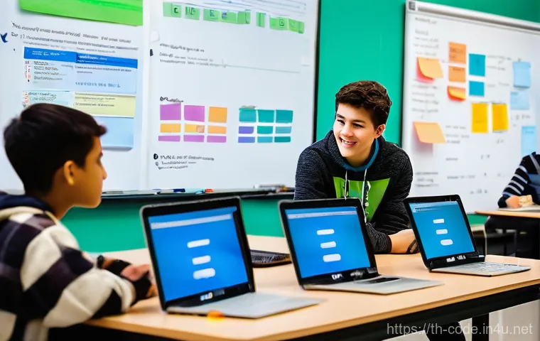 코딩교육지도사로서 팀 프로젝트 관리 방법 - **Prompt 1: Collaborative Coding in a Modern Classroom**
    "A vibrant and bustling modern classroo...