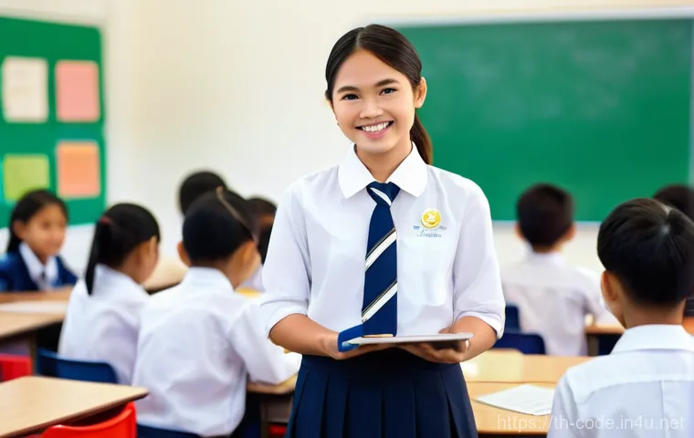 코딩교육지도사 자격증과 교사 자격증의 차이 - **Prompt 1: The Dedicated School Teacher**
"A professional Thai female teacher, dressed in a sma...