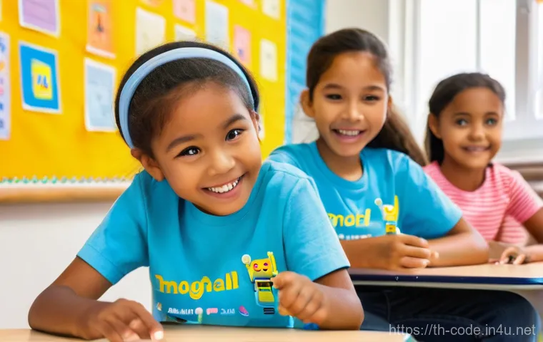 코딩교육지도사 연간 교육 계획 수립 방법 - **Prompt 1: Young Explorers of Code**
A vibrant and sun-lit classroom filled with elementary sch...