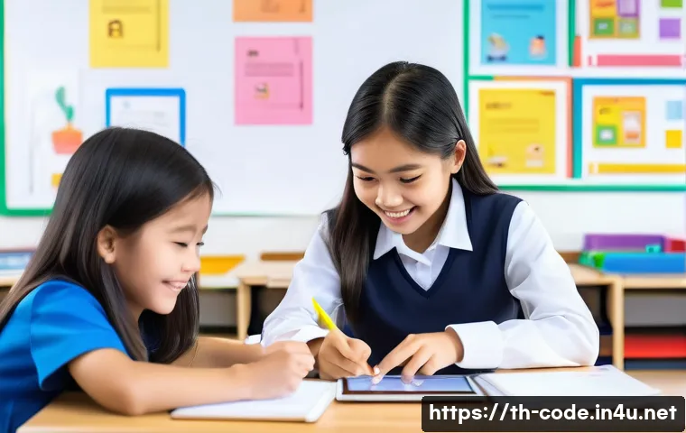 코딩교육지도사와 에듀테크 산업 연계 - **Prompt:** A vibrant, well-lit modern classroom or a bright, organized home study area where a dive...