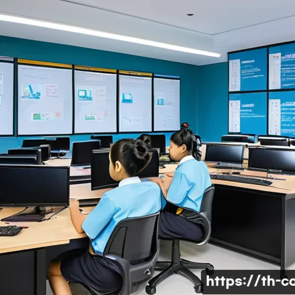 코딩교육지도사와 학습 환경 구축 사례 - A modern Thai classroom designed specifically for coding education, featuring rows of high-performan...