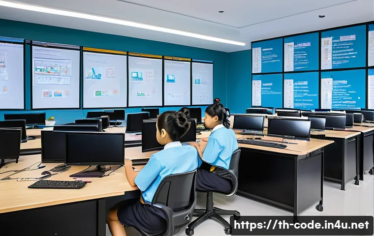 코딩교육지도사와 학습 환경 구축 사례 - A modern Thai classroom designed specifically for coding education, featuring rows of high-performan...