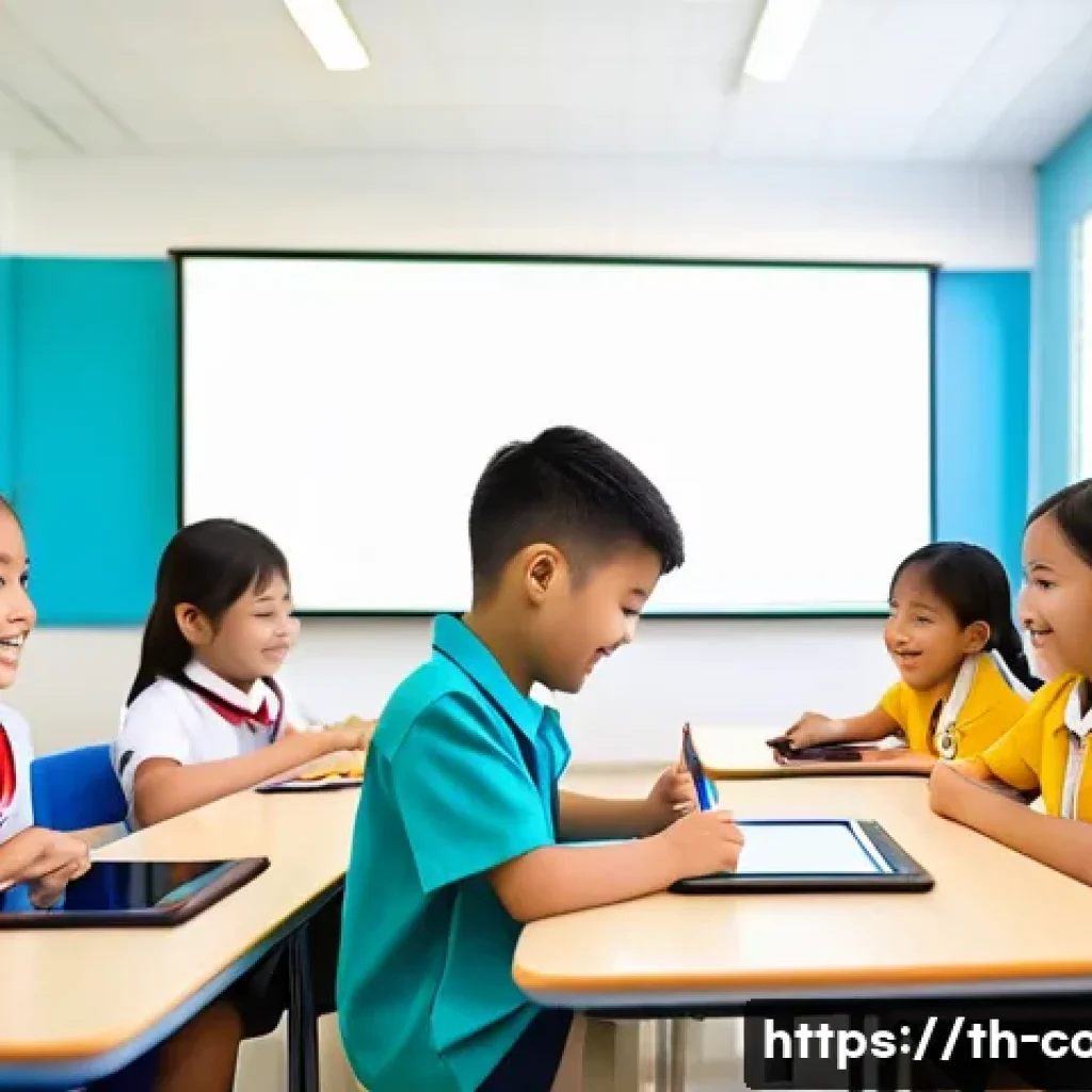 코딩교육지도사와 교육 지원 정책 사례 - A vibrant classroom scene in a modern Thai elementary school where young children, aged 5 to 7, are ...