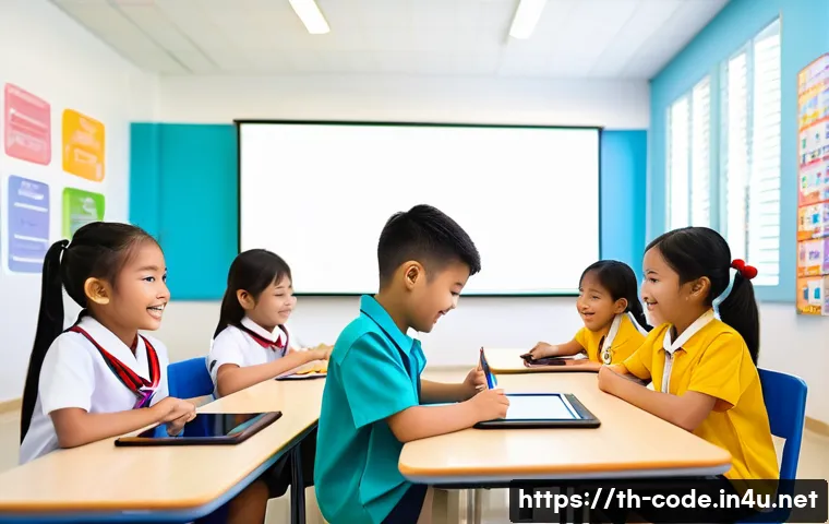 코딩교육지도사와 교육 지원 정책 사례 - A vibrant classroom scene in a modern Thai elementary school where young children, aged 5 to 7, are ...