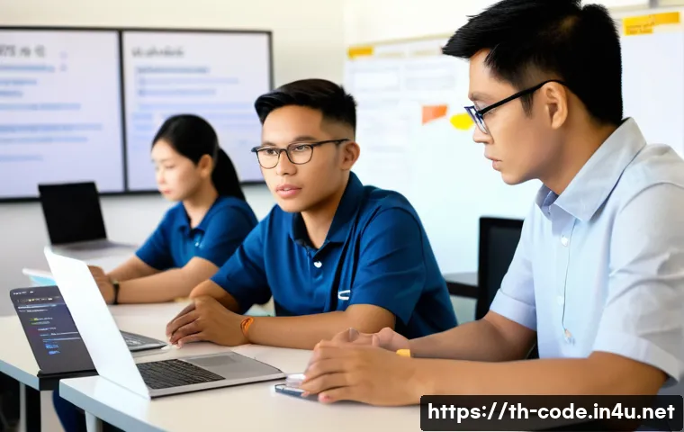 코딩교육지도사로서 멘토링 프로그램 운영 - A professional coding mentor and a diverse group of adult learners in a modern classroom setting in ...