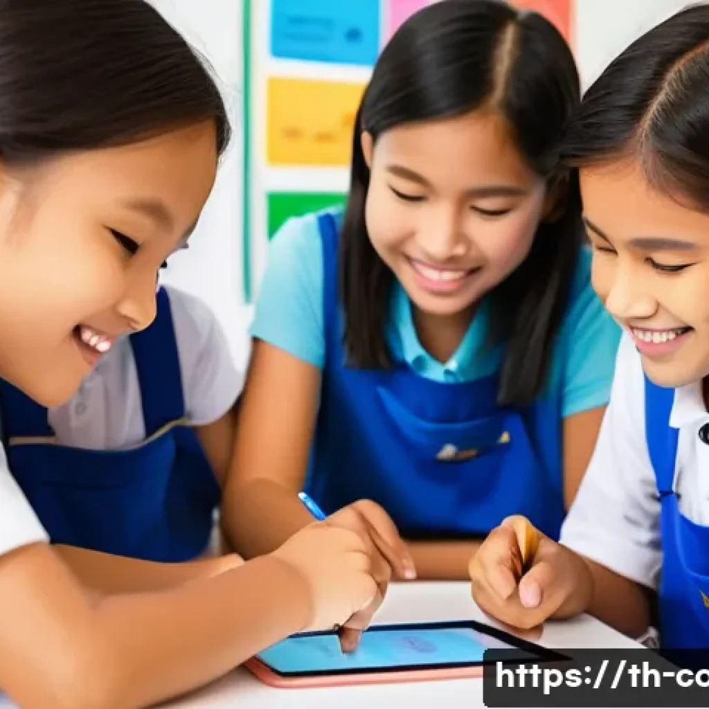 코딩교육지도사로서 수업 계획서 작성 - A vibrant classroom scene showing young Thai children aged around 8-10 enthusiastically engaged in a...