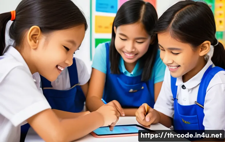 코딩교육지도사로서 수업 계획서 작성 - A vibrant classroom scene showing young Thai children aged around 8-10 enthusiastically engaged in a...