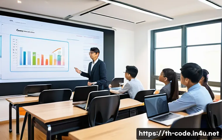 코딩교육지도사와 코딩 교육 교구 리뷰 - A friendly programming coach in a modern classroom setting, explaining coding concepts on a large di...