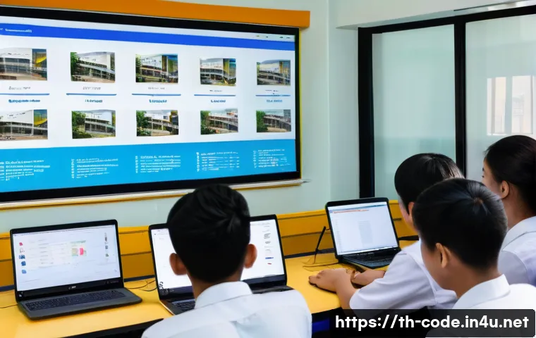 코딩교육지도사와 빅데이터 교육의 접목 - A modern classroom scene in Thailand where a diverse group of high school students, wearing school u...