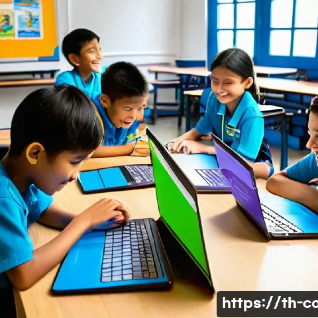 코딩교육지도사와 창의적 문제 해결 교육 - A vibrant classroom scene showing Thai children aged 8-12 engaged in a collaborative coding workshop...