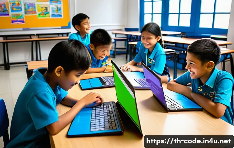 코딩교육지도사와 창의적 문제 해결 교육 - A vibrant classroom scene showing Thai children aged 8-12 engaged in a collaborative coding workshop...