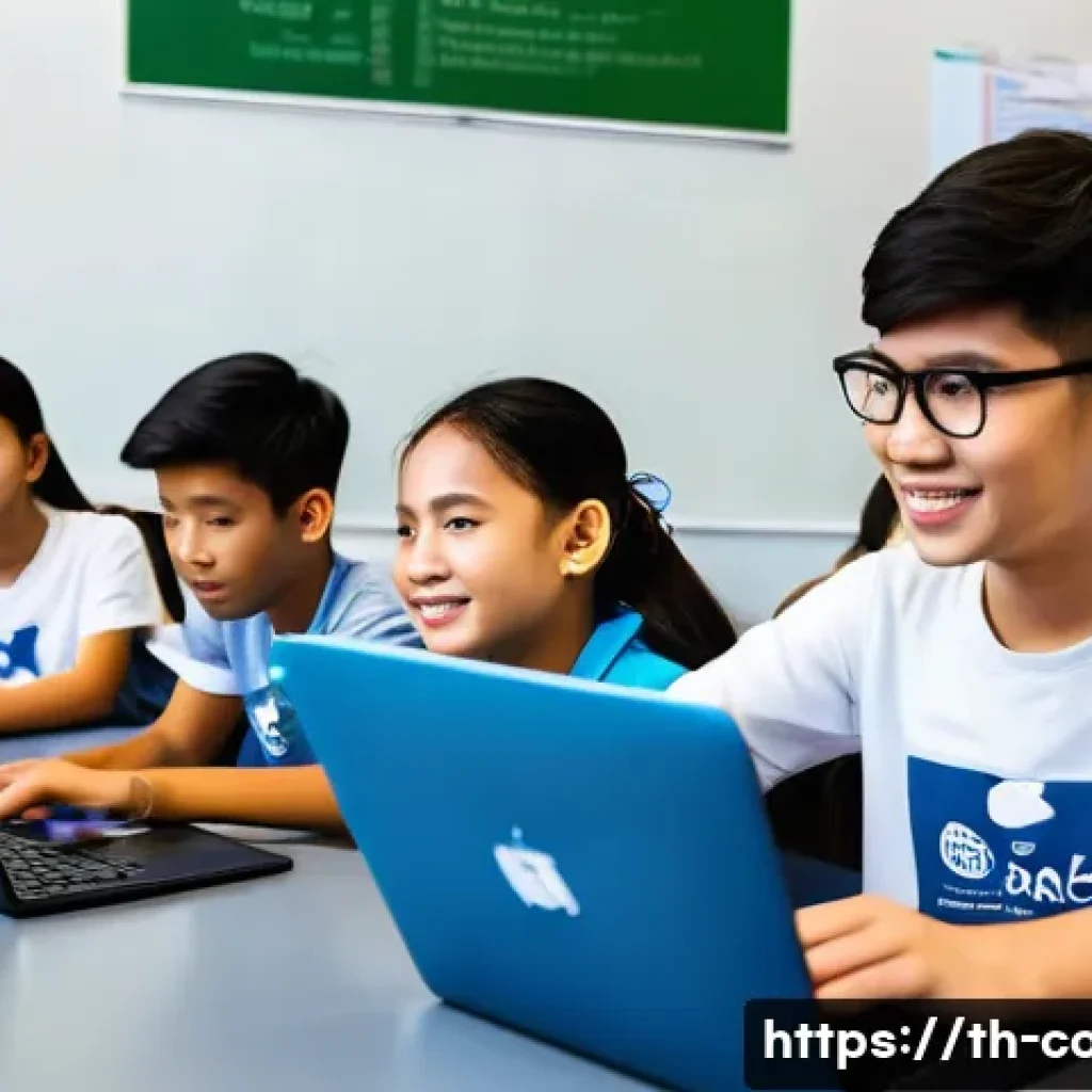 코딩교육지도사 실무 중심 커리큘럼 - A modern classroom setting in Thailand where a diverse group of young students aged around 12-15 are...