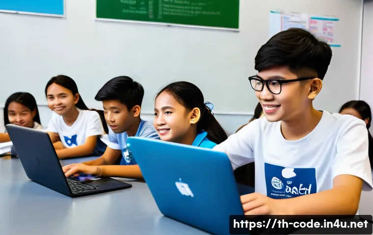 코딩교육지도사 실무 중심 커리큘럼 - A modern classroom setting in Thailand where a diverse group of young students aged around 12-15 are...