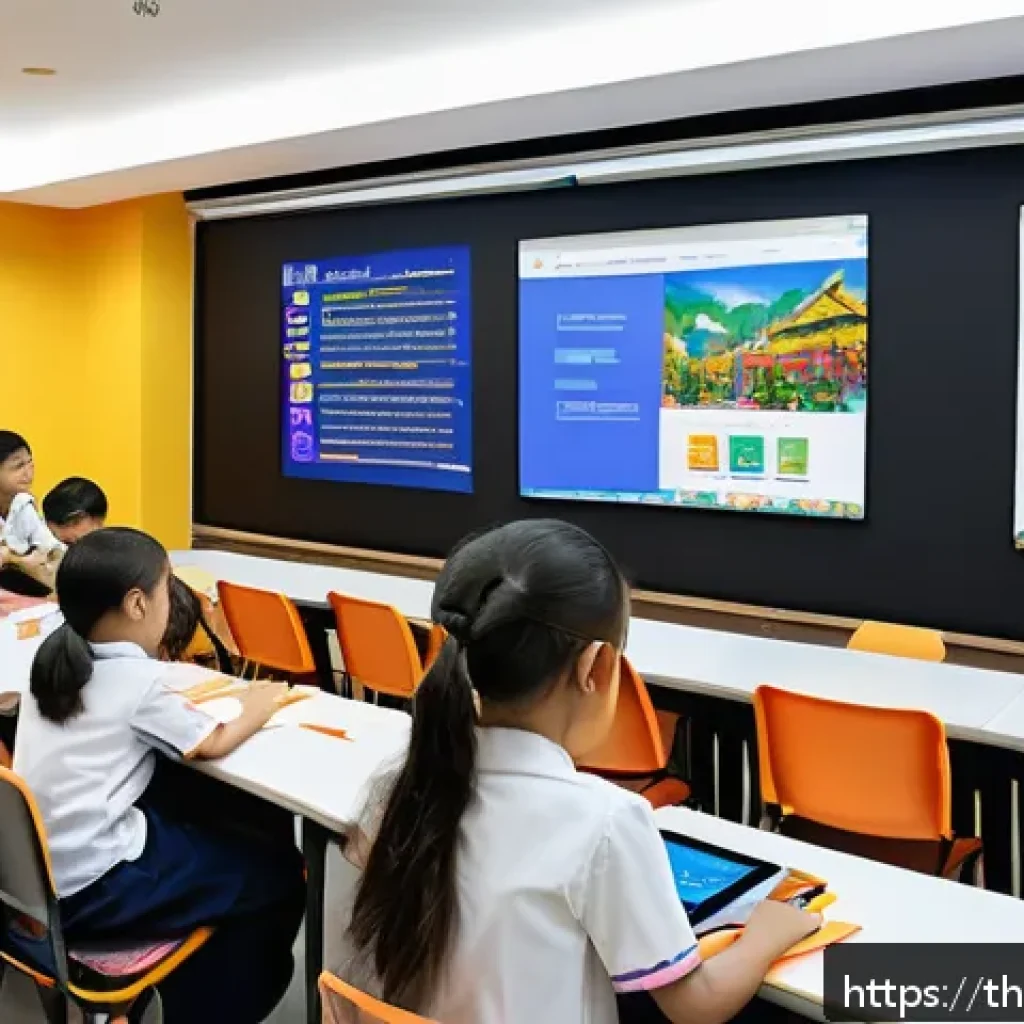 코딩교육지도사와 비즈니스 교육 사례 - A modern Thai classroom setting with diverse students aged 10 to 40 actively learning coding on lapt...