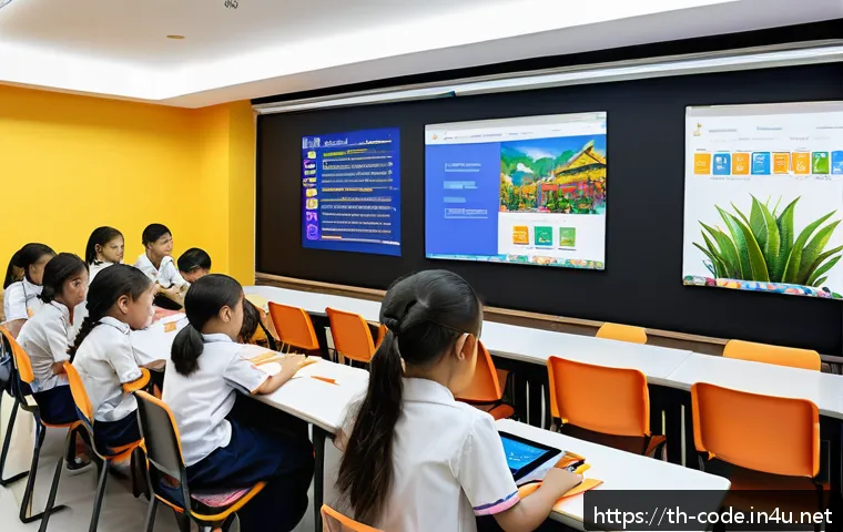 코딩교육지도사와 비즈니스 교육 사례 - A modern Thai classroom setting with diverse students aged 10 to 40 actively learning coding on lapt...