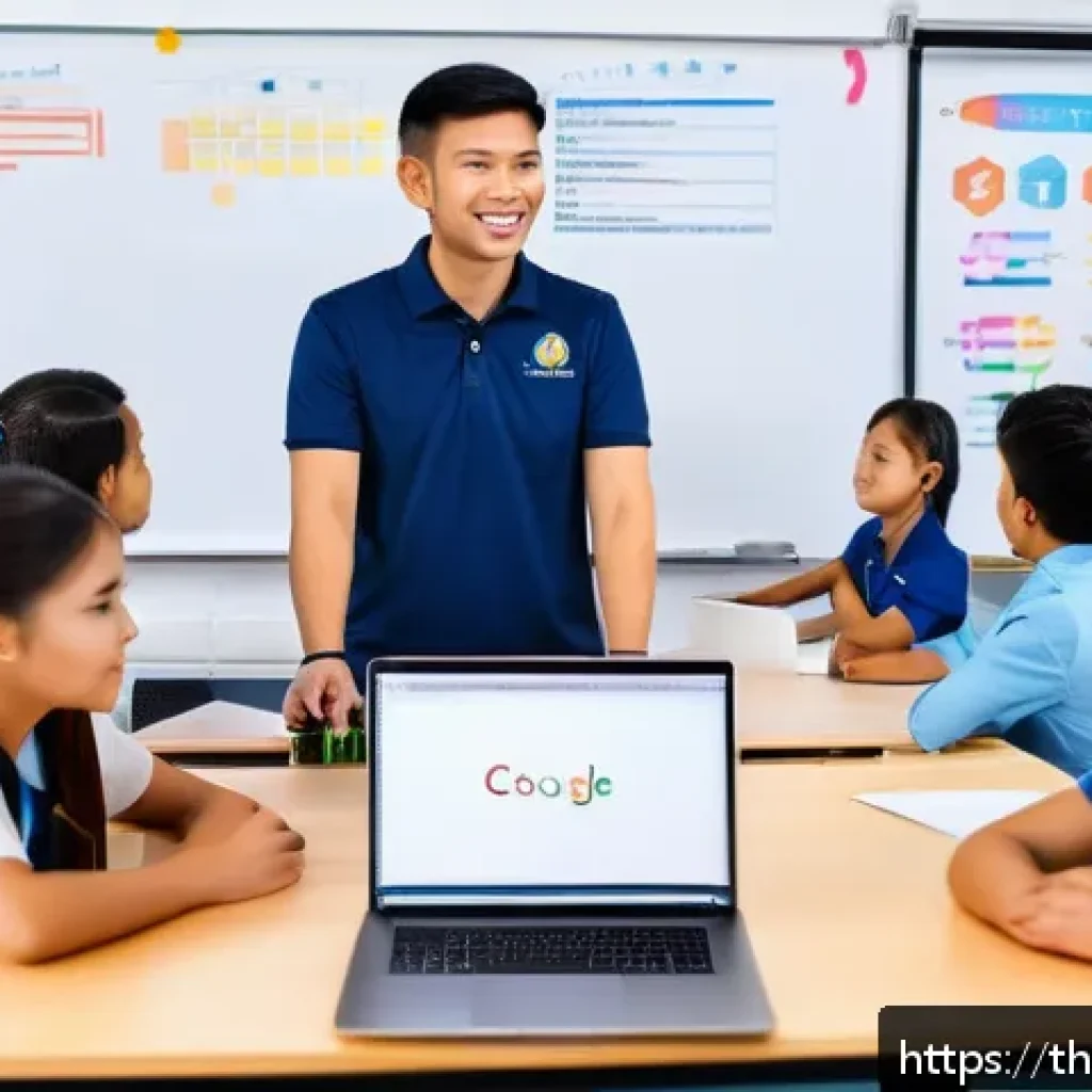 코딩교육지도사 연봉 비교 및 전망 - A professional Thai coding teacher in a modern classroom, wearing casual business attire with a lapt...