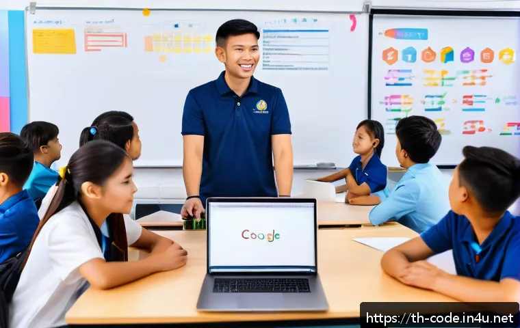 코딩교육지도사 연봉 비교 및 전망 - A professional Thai coding teacher in a modern classroom, wearing casual business attire with a lapt...