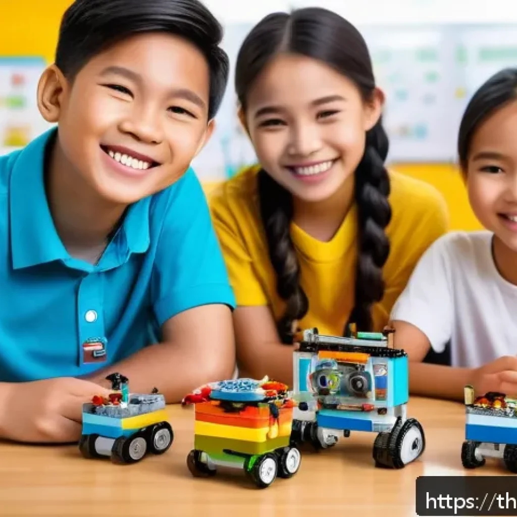 코딩교육지도사와 로봇 교육 사례 - A joyful classroom scene featuring diverse Thai children aged 7-10, wearing colorful casual clothes ...