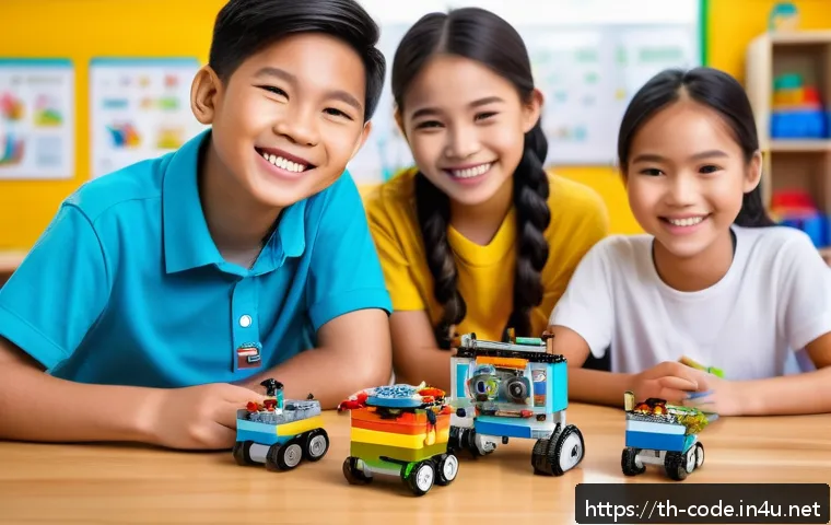 코딩교육지도사와 로봇 교육 사례 - A joyful classroom scene featuring diverse Thai children aged 7-10, wearing colorful casual clothes ...