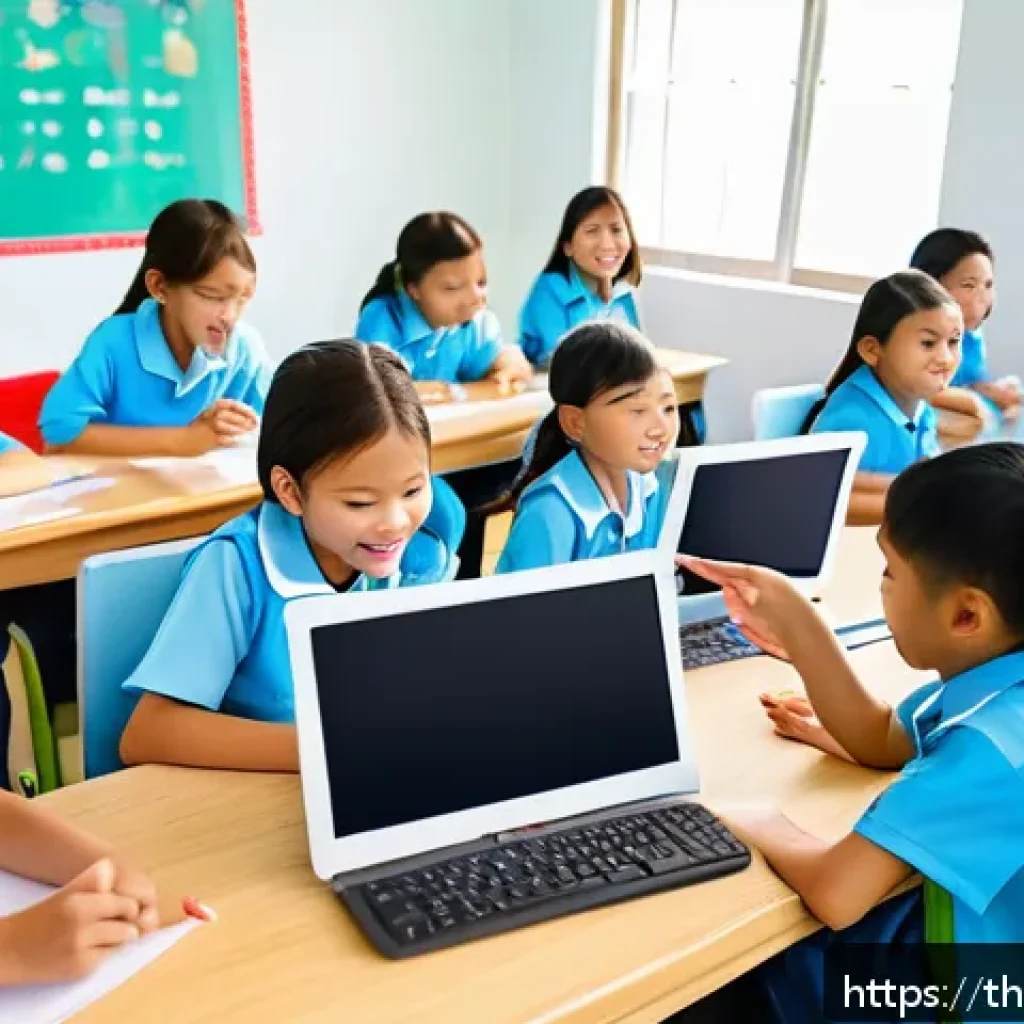 코딩교육지도사와 교육 목표 설정 사례 - A cheerful elementary school classroom scene in Thailand, featuring young Thai children wearing colo...