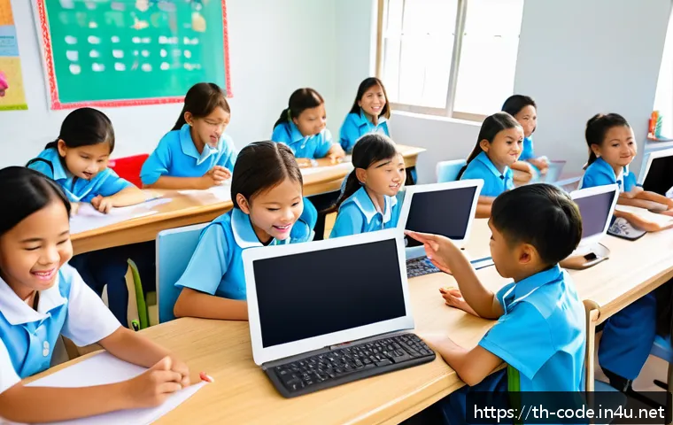 코딩교육지도사와 교육 목표 설정 사례 - A cheerful elementary school classroom scene in Thailand, featuring young Thai children wearing colo...