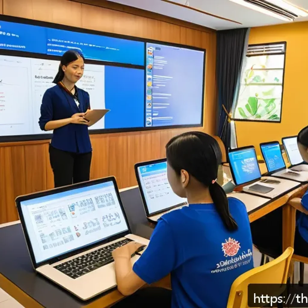 코딩교육지도사 시험에서 자주 출제되는 주제 - A modern classroom setting in Thailand with a diverse group of students attentively learning program...