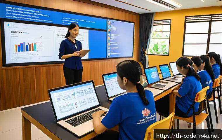 코딩교육지도사 시험에서 자주 출제되는 주제 - A modern classroom setting in Thailand with a diverse group of students attentively learning program...