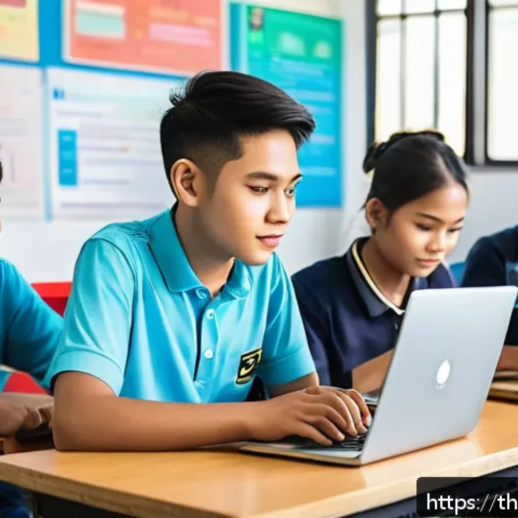 코딩교육지도사와 IT 기술 발전의 상관관계 - A vibrant classroom scene in Bangkok with diverse Thai students, ages 15-25, attentively learning co...