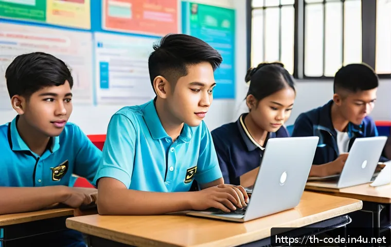 코딩교육지도사와 IT 기술 발전의 상관관계 - A vibrant classroom scene in Bangkok with diverse Thai students, ages 15-25, attentively learning co...