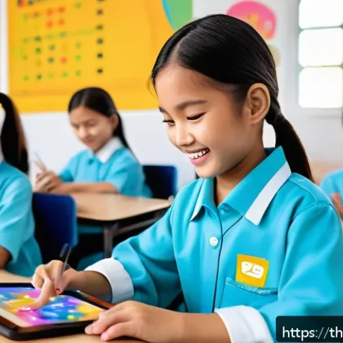 코딩교육지도사와 교육 정책 분석 사례 - A vibrant classroom scene in a modern Thai elementary school where young children aged 8-10 are acti...