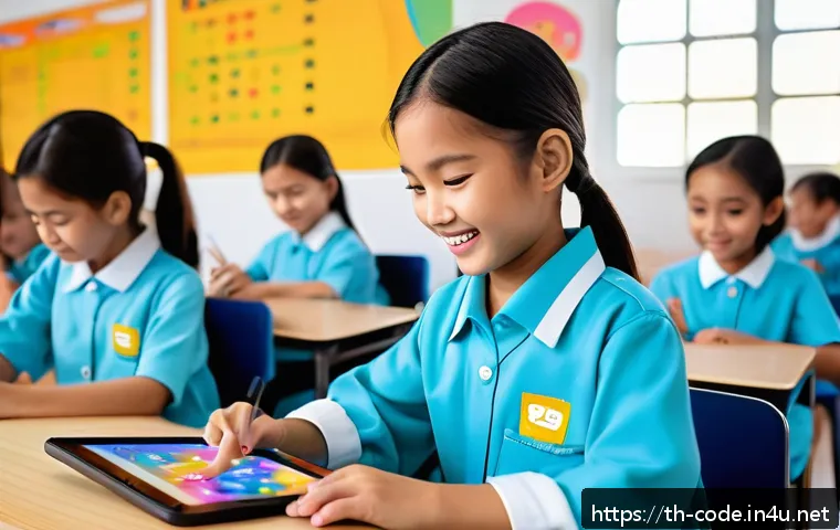 코딩교육지도사와 교육 정책 분석 사례 - A vibrant classroom scene in a modern Thai elementary school where young children aged 8-10 are acti...