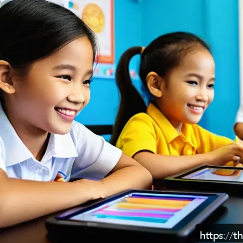 코딩교육지도사와 학습 지원 사례 - A cheerful classroom scene in Thailand with young Thai children aged around 8-10, sitting in a color...