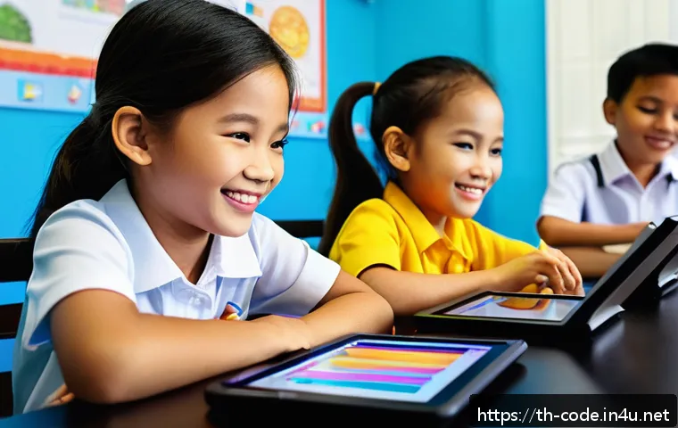 코딩교육지도사와 학습 지원 사례 - A cheerful classroom scene in Thailand with young Thai children aged around 8-10, sitting in a color...