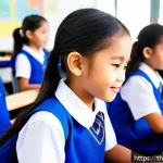 코딩교육지도사와 메타버스 교육 - A modern classroom scene in Thailand featuring young students wearing school uniforms and engaging e...