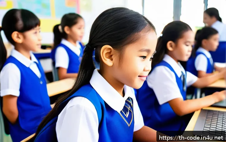코딩교육지도사와 메타버스 교육 - A modern classroom scene in Thailand featuring young students wearing school uniforms and engaging e...