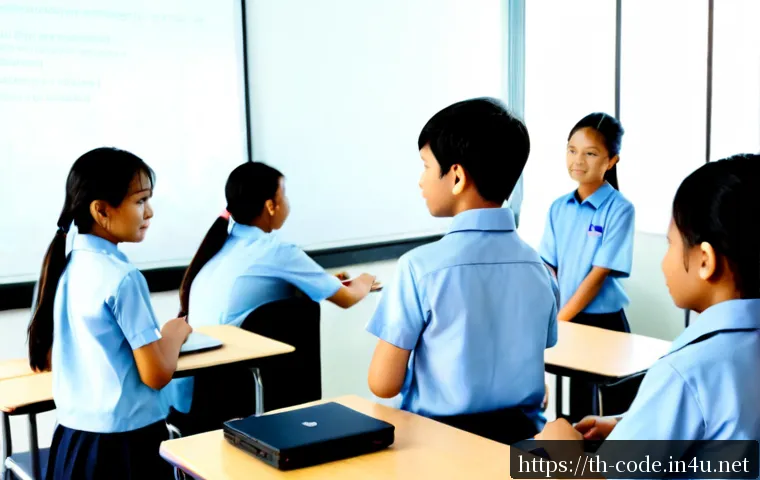 Home 16 코딩교육지도사 업무 사례 공유 - Photorealistic Thai coding education instructor guiding a small group of middle school students in a...