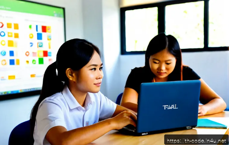 Home 29 코딩교육지도사 실무와 교육학의 조화 - Photorealistic Thai coding education instructor guiding a small group of adult learners around a cle...